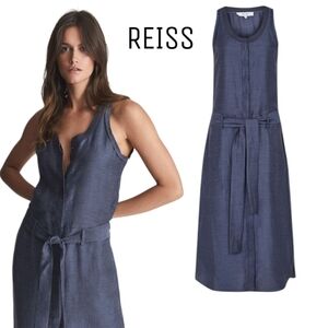 Reiss Hemp Linen Sleeveless Drop WaistShirt Midi Dress Navy  Size Small